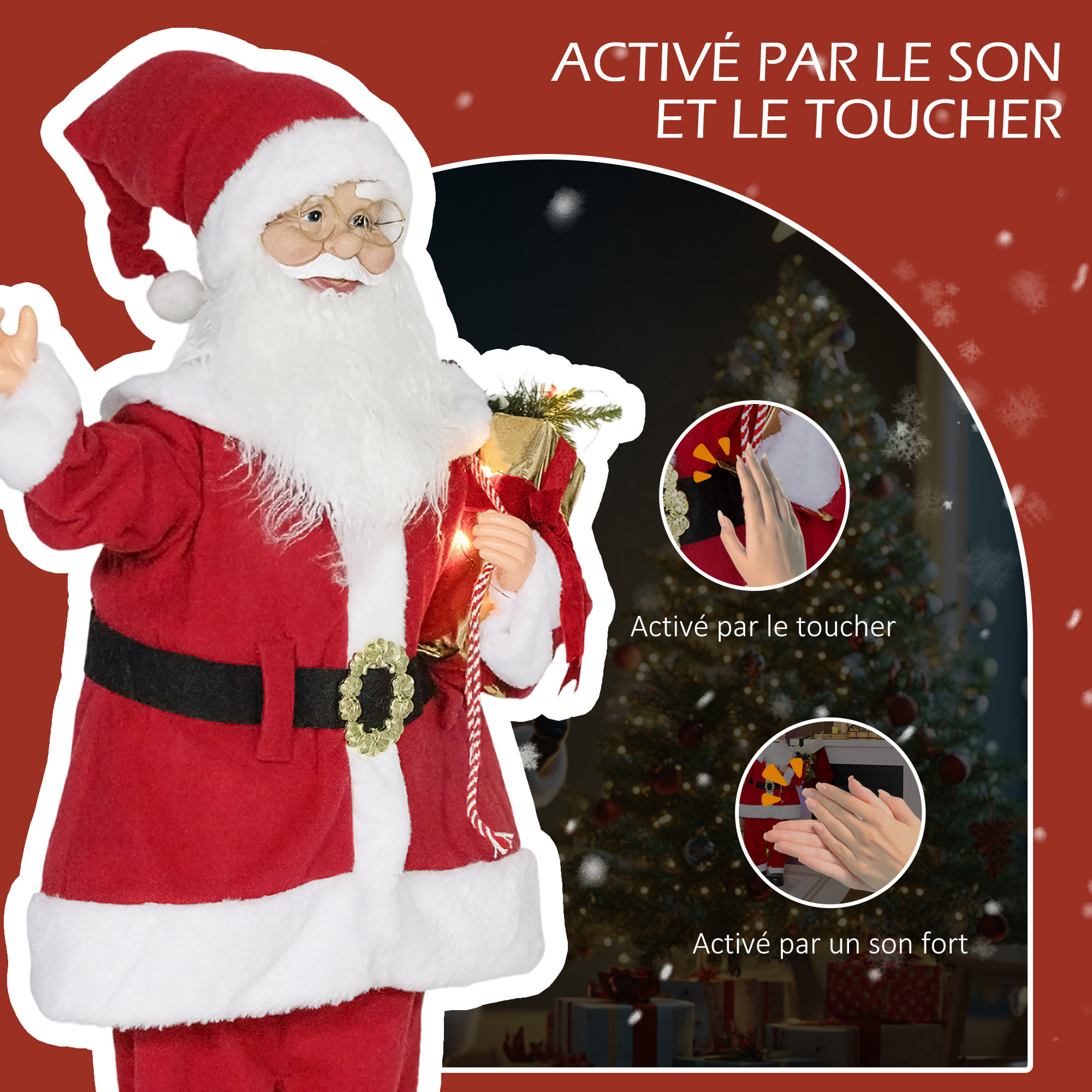 Figurine de Père Noël, debout de Père Noël rouge traditionnelle 120 cm, commande vocale, lumières LED scintillantes, musique, bras pliables, pour les décorations d'intérieur et de fête
