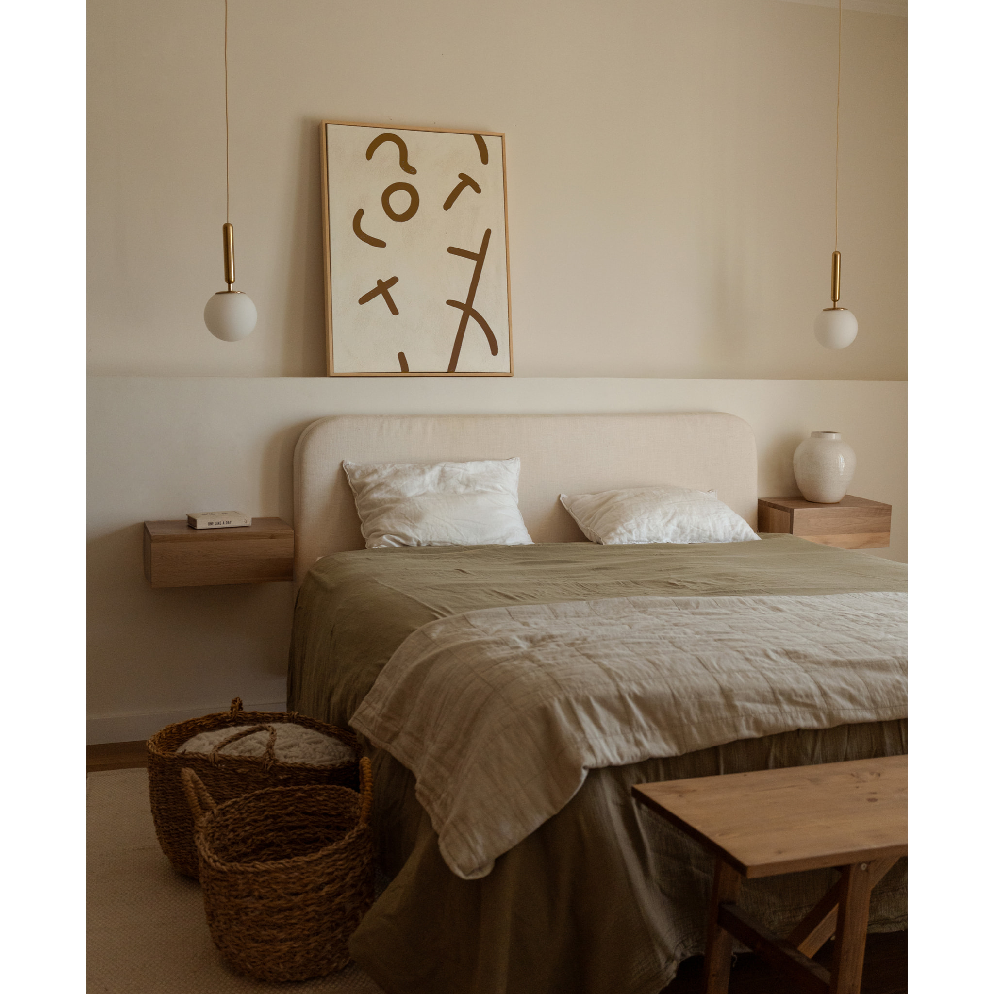 Tableau beige et marron décoratif sur coton avec cadre en bois peint à la main à la peinture à l'huile en différentes tailles