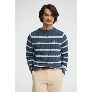 Maglione a trecce a righe blu denim con logo Rigby go