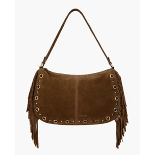 Bolso grande de ante marrón con flecos y tachuelas doradas