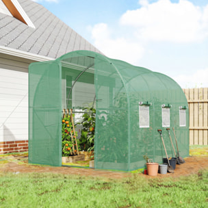 Serre tunnel de jardin 6m² porte et 8 fenêtres bâche PE 140 g/m² vert