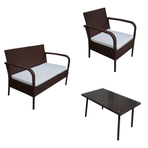 Salon de jardin LIPARI en résine tressée marron 4 places - coussins ivoire