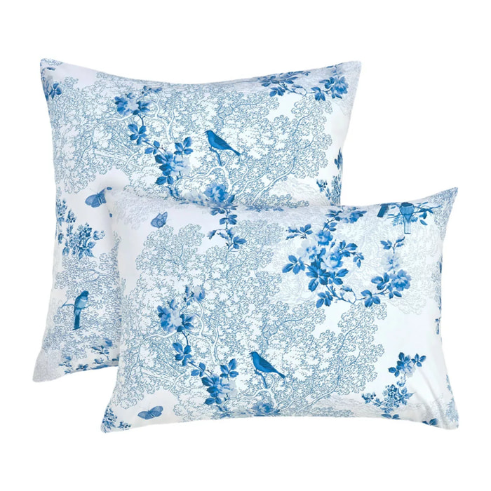 Taie d'oreiller percale de coton 115 g/m² imprimé blanc bleu Voliere bleu