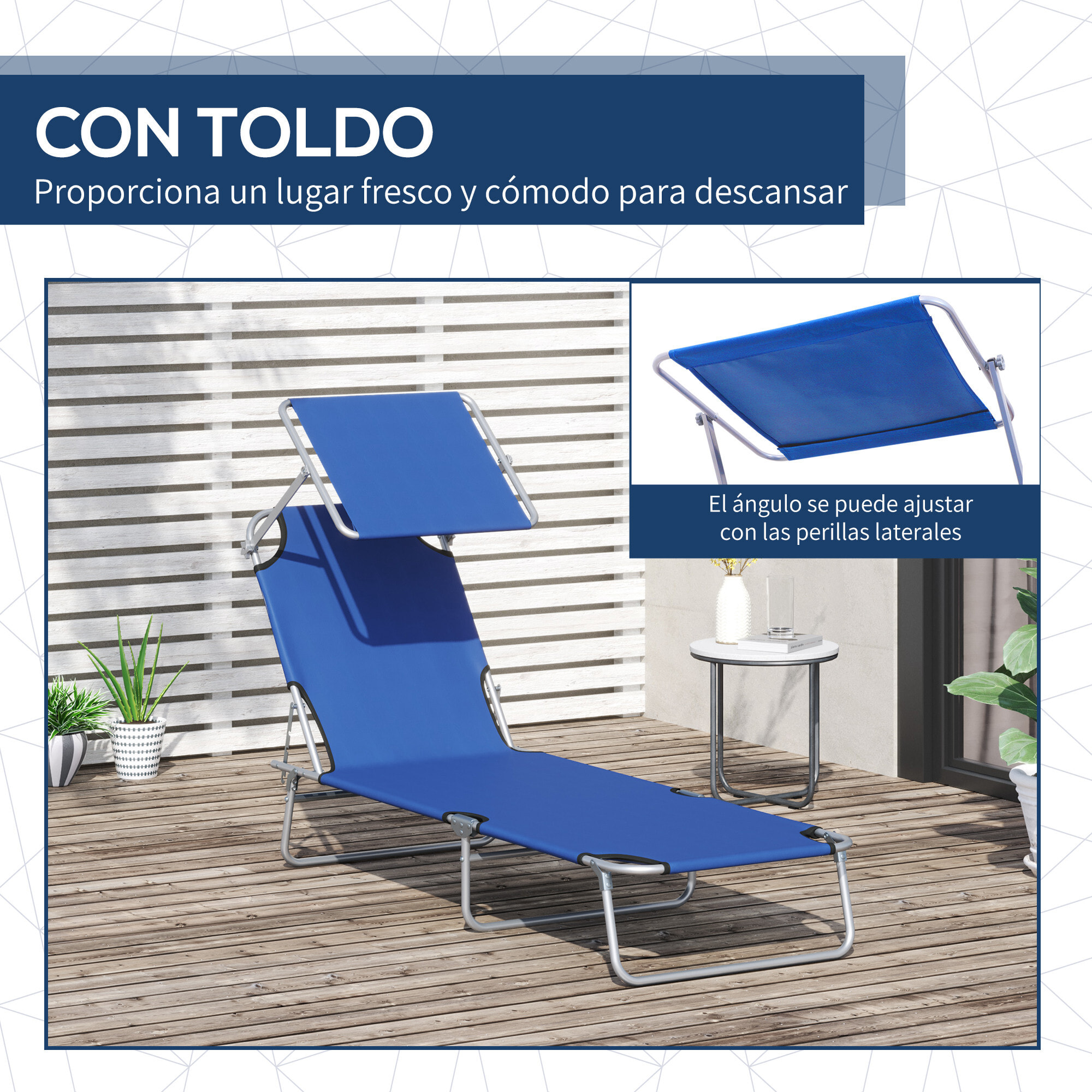 Tumbona Plegable Tumbona de Jardín Exterior Reclinable con Toldo Desmontable con Ángulo Regulable Respaldo Ajustable en 4 Niveles para Terraza Piscina Patio 187x58x36 cm Azul