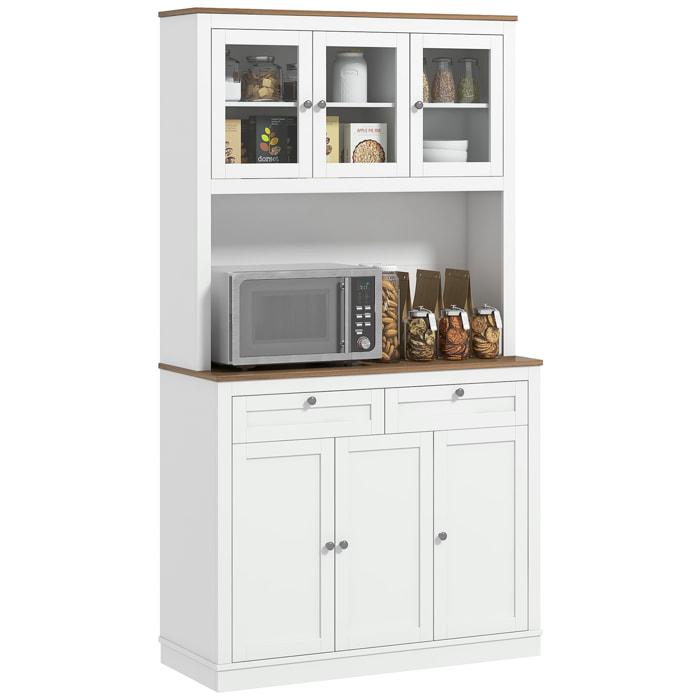 Alacena de Cocina Mueble Auxiliar de Cocina Armario de Cocina con 3 Puertas de Vidrio Compartimento Abierto 2 Cajones y Estantes Ajustables 100x40x180 cm Blanco