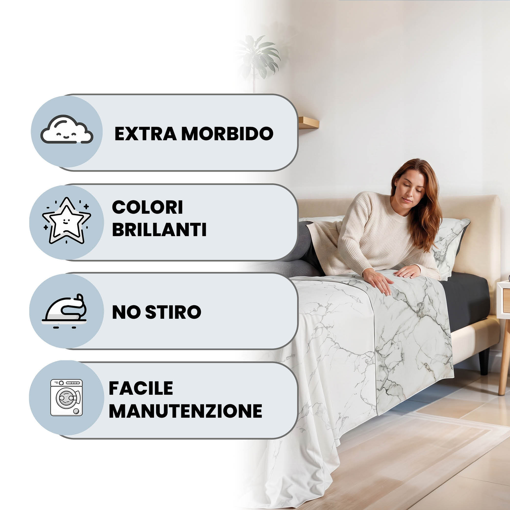 COMPLETO LETTO FASHION, 100% Microfibra, No Stiro - MARBLE