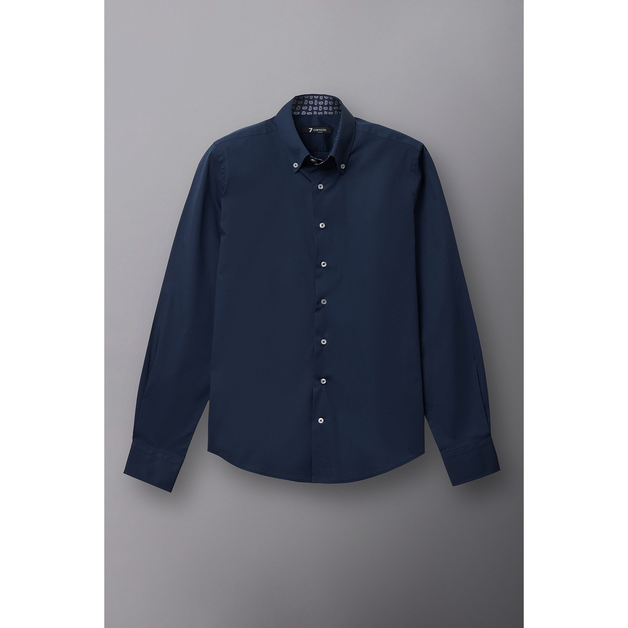 Camicia Uomo 2 Bottoni Button Down Slim Popeline Stretch Unito Blu
