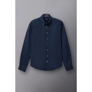Camicia Uomo 2 Bottoni Button Down Slim Popeline Stretch Unito Blu