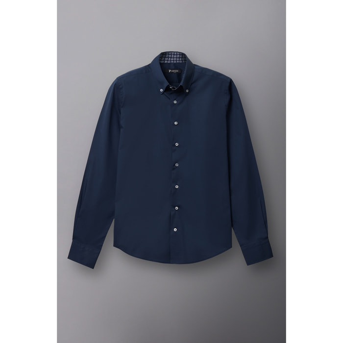 Camicia Uomo 2 Bottoni Button Down Slim Popeline Stretch Unito Blu