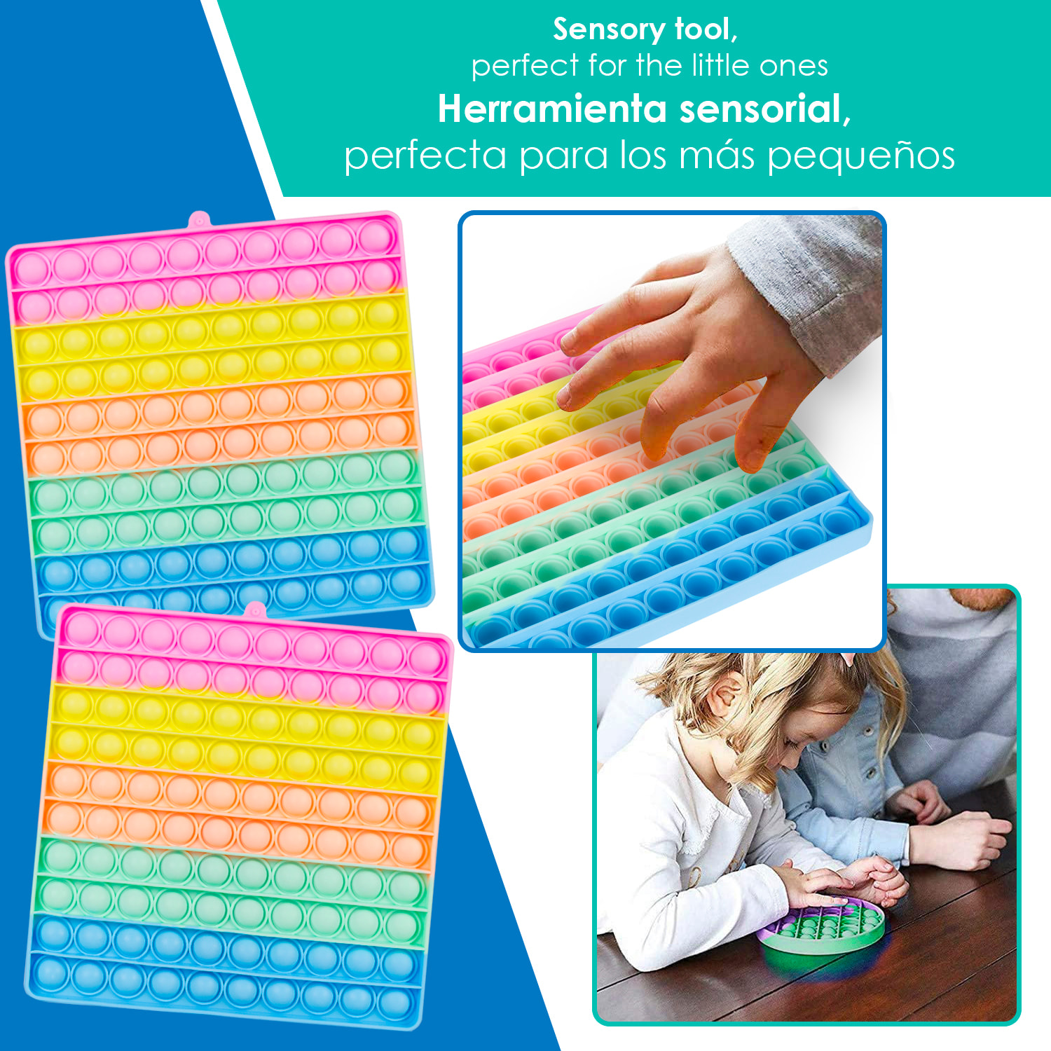 Bubble Pop It, 20 cm. quadrato multicolore. Giocattolo sensibile antistress, bolle di silicone da spremere e premere. Colore casuale