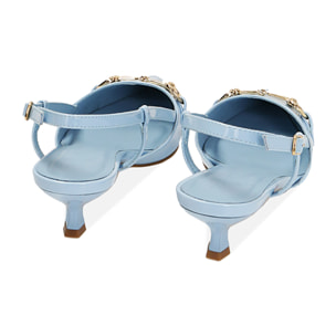 Décolleté slingback celesti in vernice, tacco 4 cm