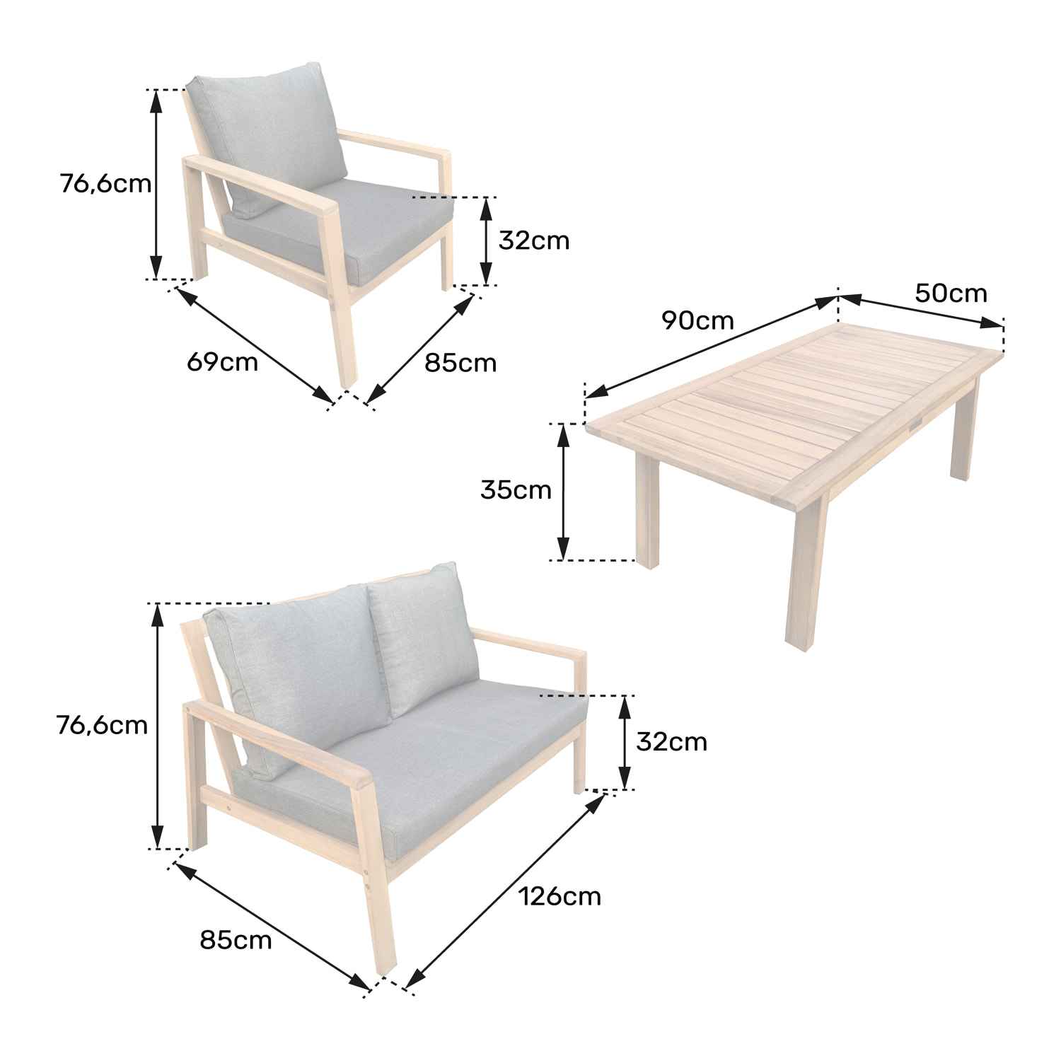 Salon de jardin en acacia 4 places GILI - coussins gris