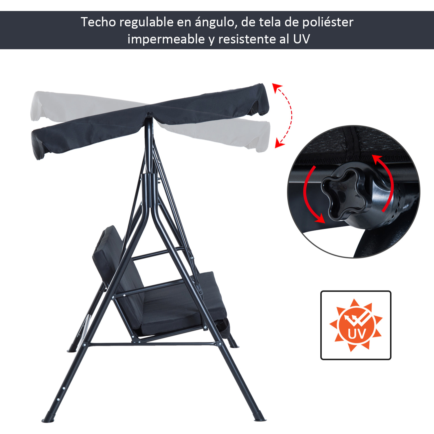Columpio de Jardín de 3 Plazas Silla Balancín con Parasol Techo Ajustable en Ángulo Impermeable para Exterior Terraza Balcón Carga Máx. 200 kg Acero 172x110x153 cm Negro