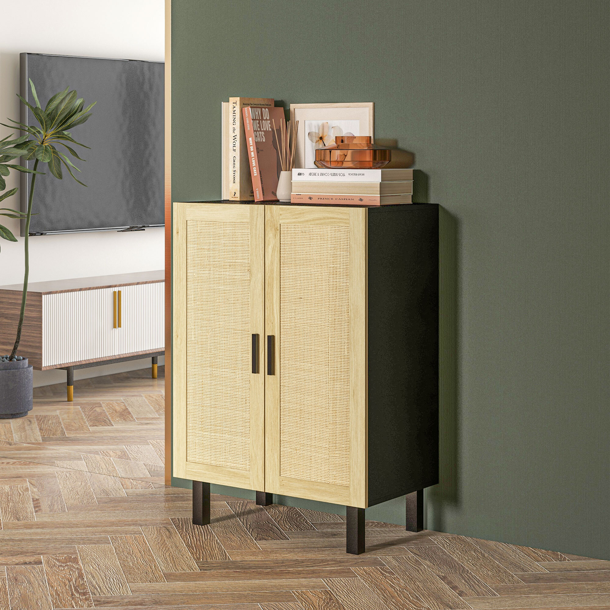 Buffet 2 portes 2 étagères réglables style bohème chic cannage en rotin panneaux aspect bois clair noir