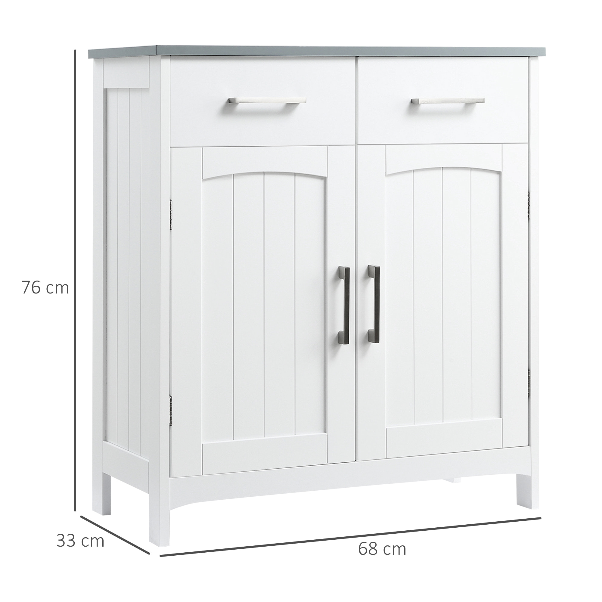 Meuble bas de salle de bain sur pied - 2 tiroirs, 2 portes, étagère - dim. 68 x 33 x 76 cm - blanc gris