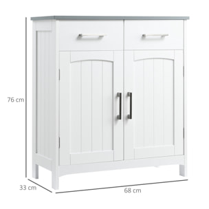 Meuble bas de salle de bain sur pied - 2 tiroirs, 2 portes, étagère - dim. 68 x 33 x 76 cm - blanc gris