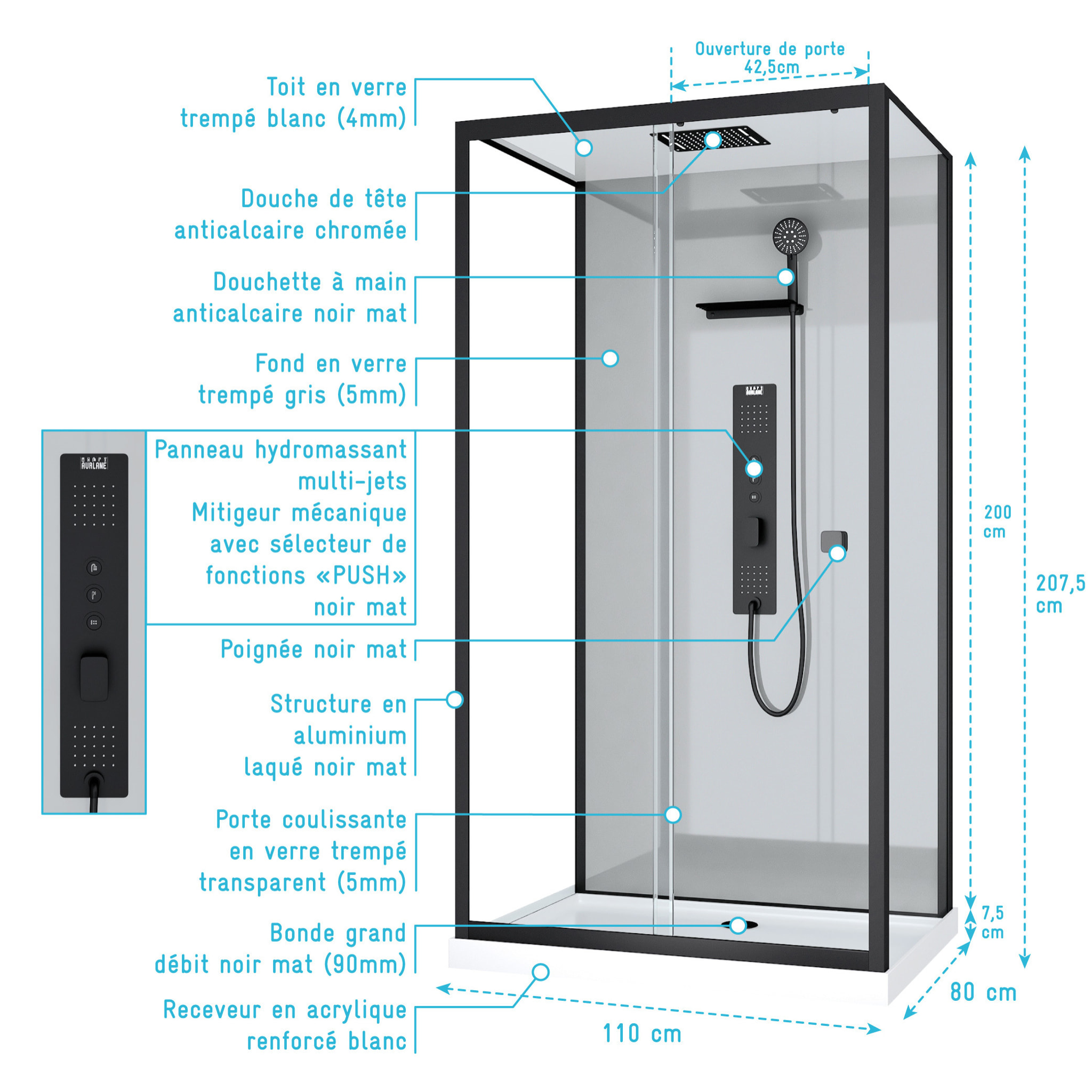 Cabine de douche Hydromassante 110x80 Receveur Bas - Fond Gris et Profilés Noir Mat - GREY STYLE LOW