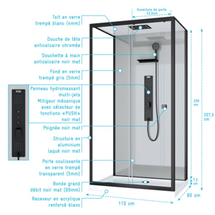 Cabine de douche Hydromassante 110x80 Receveur Bas - Fond Gris et Profilés Noir Mat - GREY STYLE LOW