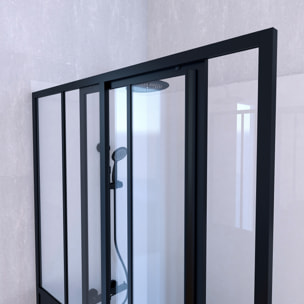 Pack Porte Coulissante Noir Mat + Receveur Blanc 120x80x204 cm et Colonne de Douche Thermostatique
