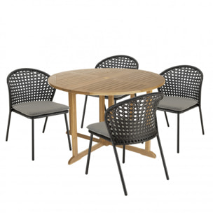 MALO - SALON DE JARDIN 4 PERS. - 1 Table ronde 120x120cm et 4 chaises noires et grises