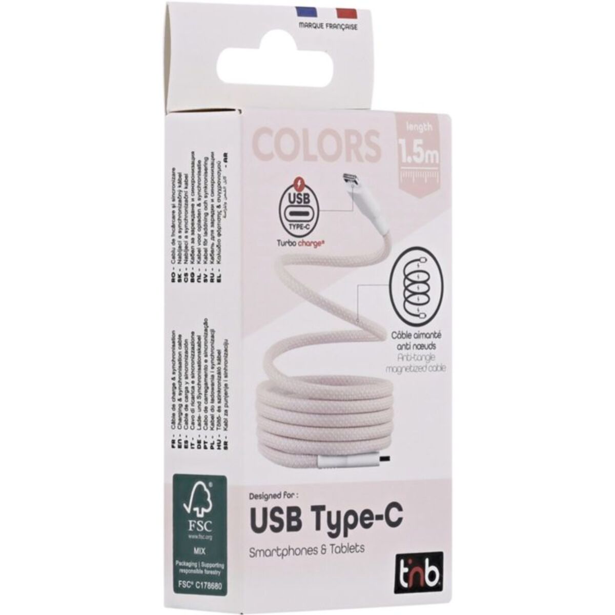 Câble de charge TNB USB-C/USB-C 1.5m gaine aimantée rose