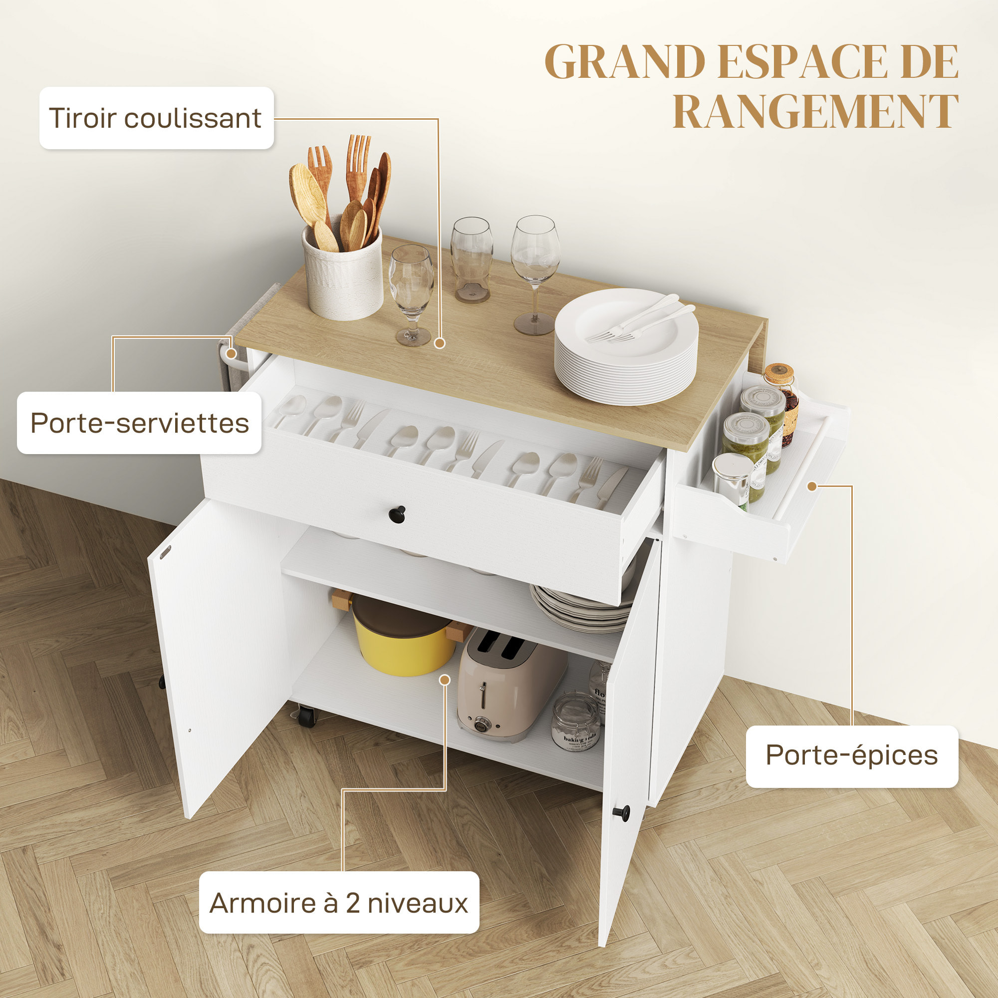 Desserte de cuisine 2 portes étagère tiroir support épices porte-serviette blanc effet bois naturel
