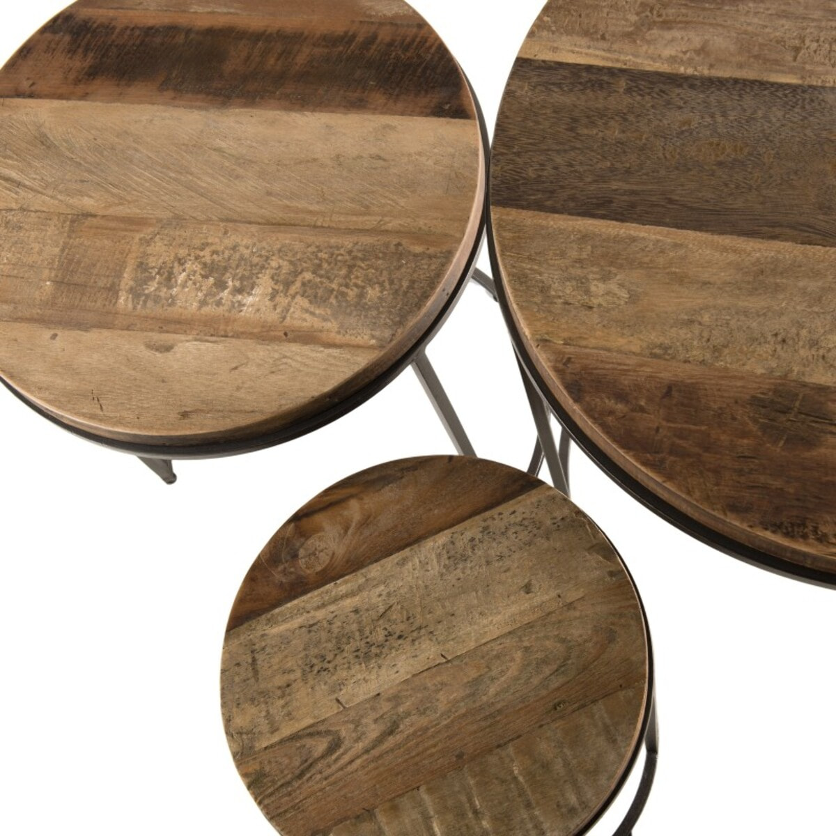 SIXTINE - Set de 3 tables d'appoint rondes marrons Teck recyclé Acacia Mahogany pieds métal noirs