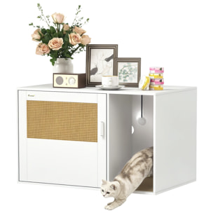 Mueble Arenero para Gatos Caja de Arena para Gatos con Almohadilla para Rascar y Puerta de Ratán para Salón Dormitorio 80x50x50 cm Blanco