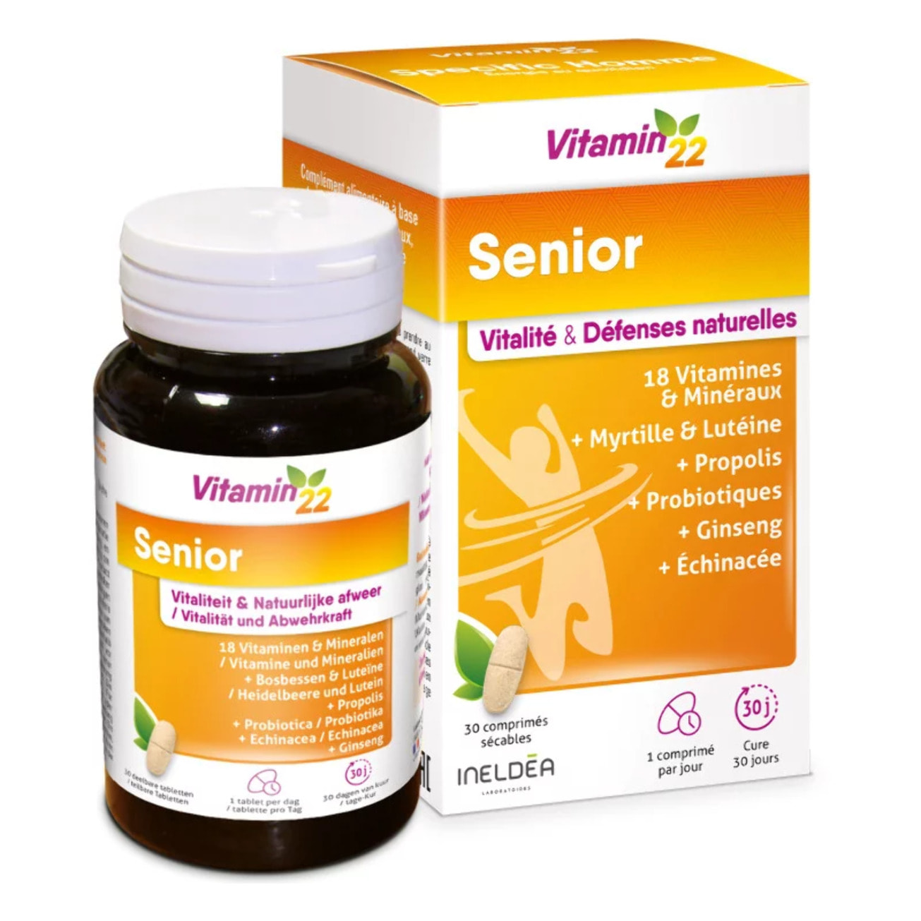 VITAMN' 22 - Senior - Soutient le capital osseux & le Confort Visuel - Vitalité, Tonus & Défenses Naturelles - Zinc, Fer, Propolis, Magnésium, Vitamines C, B et D3, Probiotiques, Lutéine, Ginseng & Échinacée - Cure 30j