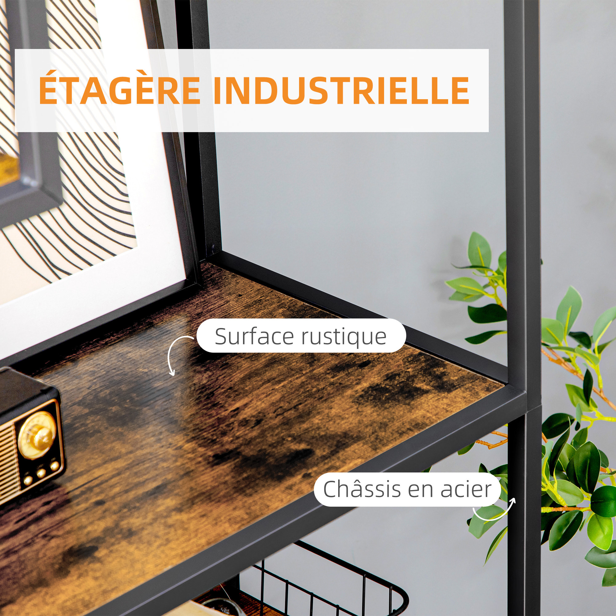 Bibliothèque étagère de rangement à 7 niveaux style industriel acier bois vieilli