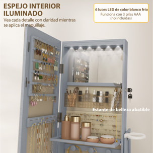 Espejo Joyero con Luces LED, Armario para Joyas, Armario Joyero con Espejo Entero, Giratorio de 360°, Cajón, Cerradura, Estantes Abiertos, Soporte para Secador, Gris Claro