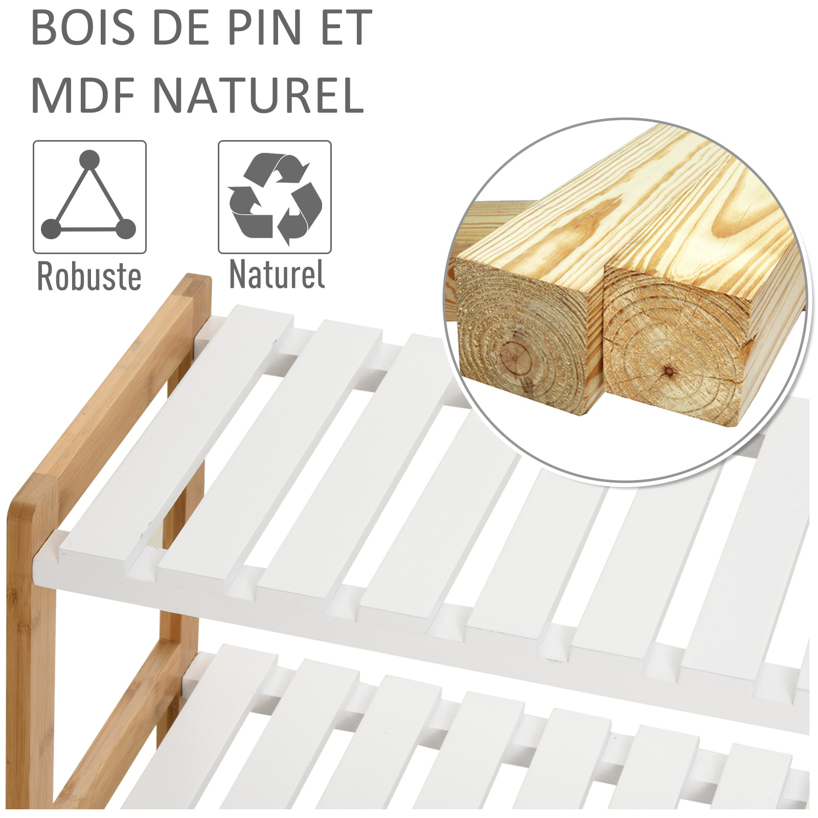 Etagère à chaussures, étagère de rangement, meuble chaussures 3 niveaux bambou MDF blanc