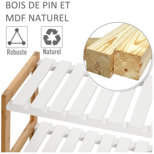 Etagère à chaussures, étagère de rangement, meuble chaussures 3 niveaux bambou MDF blanc