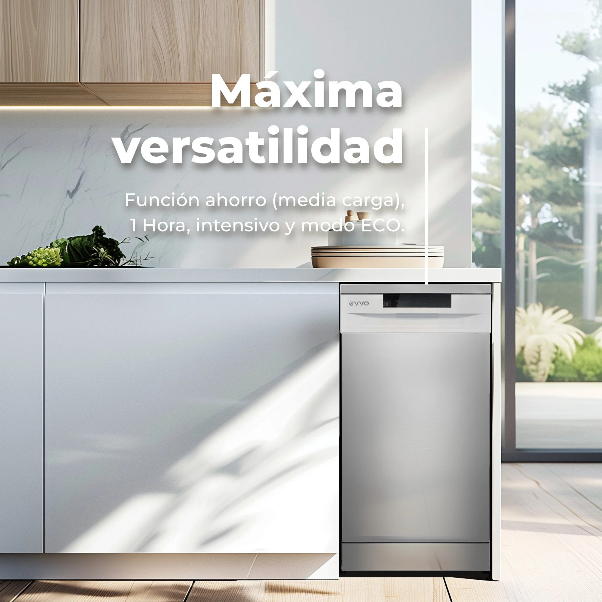 Lavavajillas EVVO D1X Slim (45 cm), 9 Cubiertos, 5 Programas, inox, Ancho 450 mm