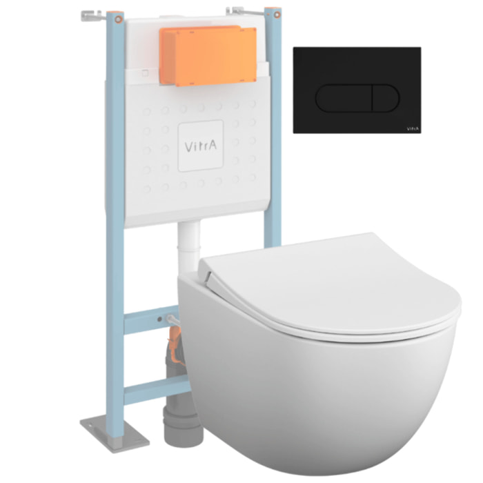 Pack WC suspendu VITRA Sento blanc mat + bâti autoportant V-Fix Core + Plaque Round noir mat