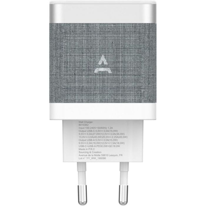 Chargeur ADEQWAT 45W charge rapide USB + USB-C Blanc