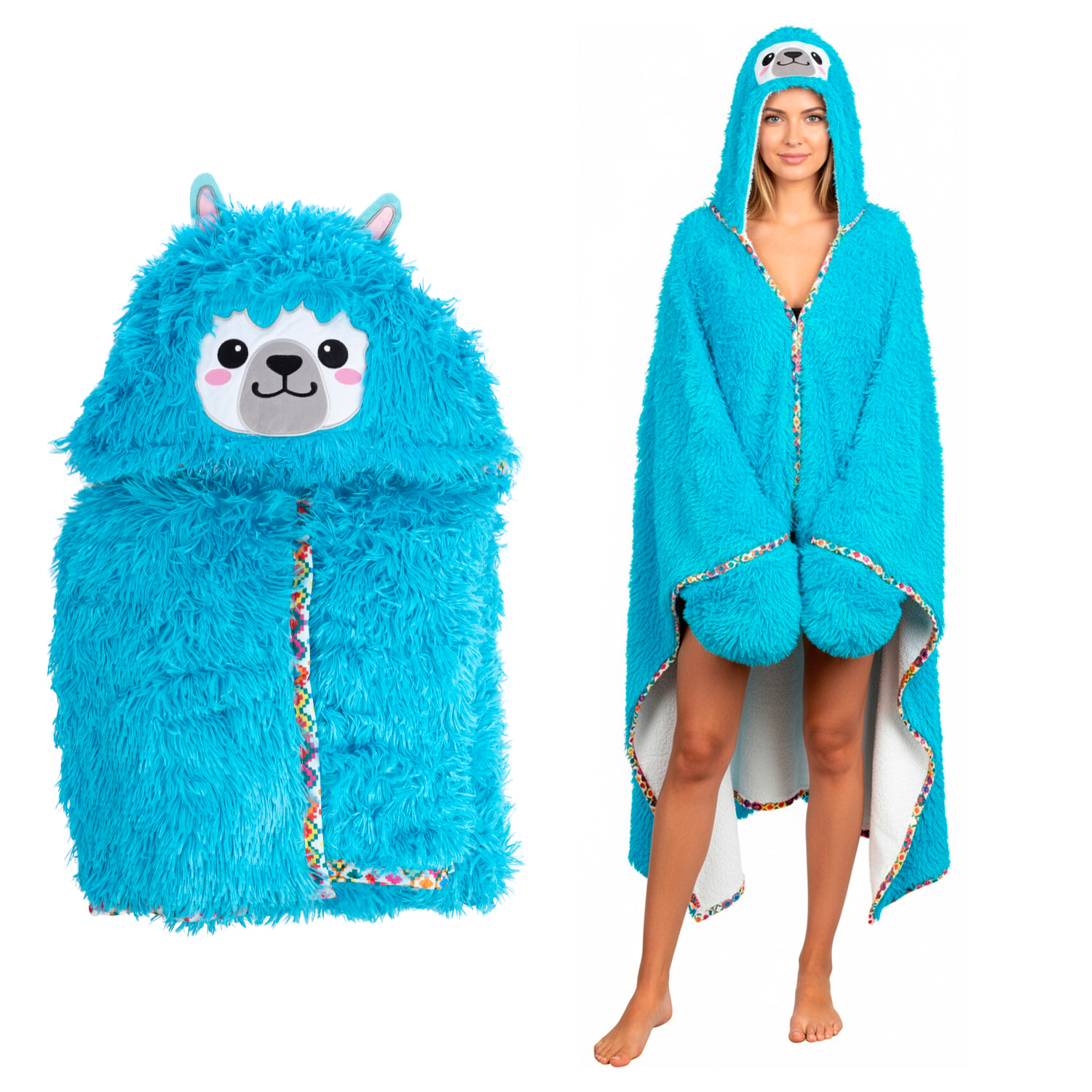 Accappatoio per adulti con cappuccio design alpaca. 120x152 cm.