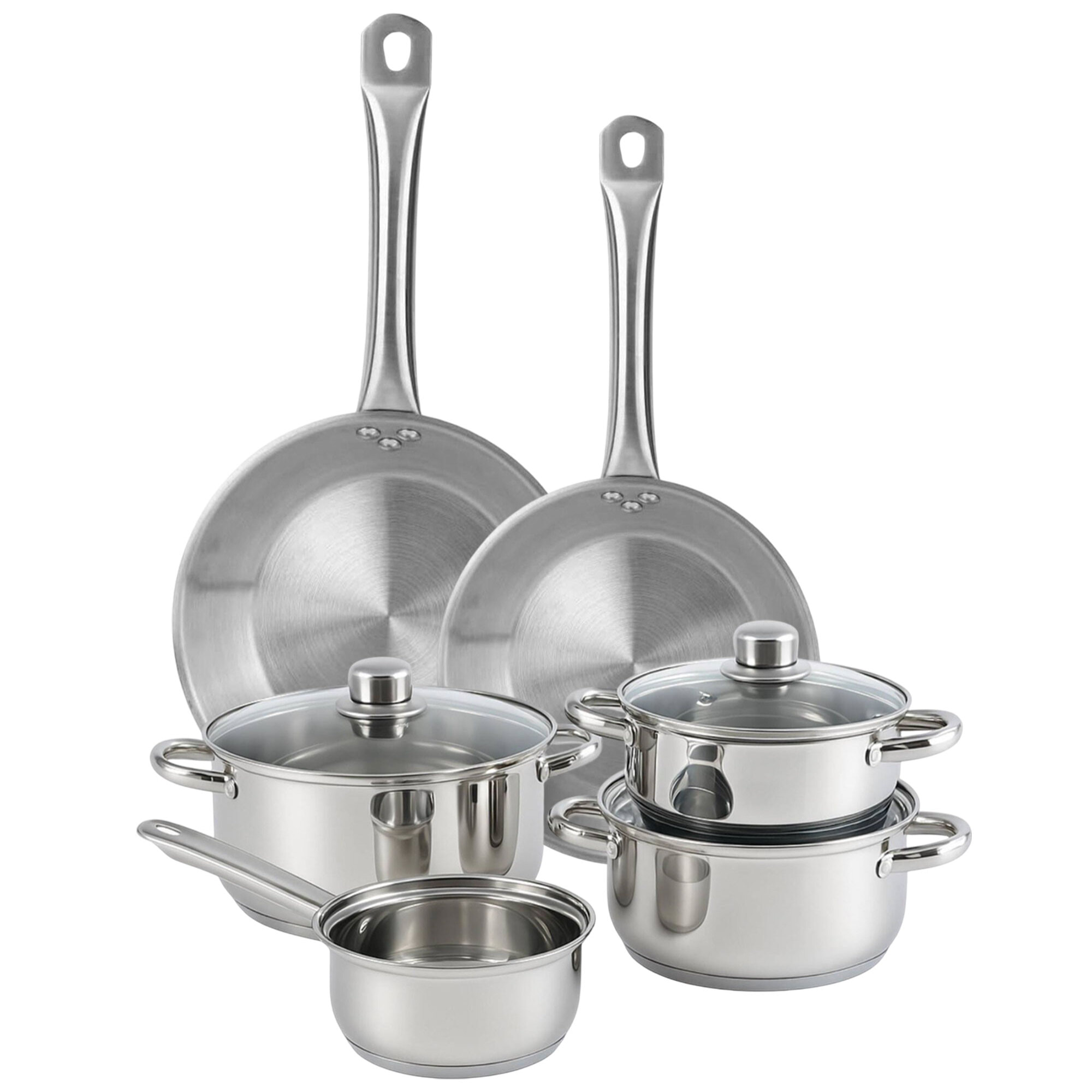 set de batería de cocina de 7 piezas y sartenes en acero inoxidable ø20 y ø24 x5cm, aptas para inducción y sin antiadherente