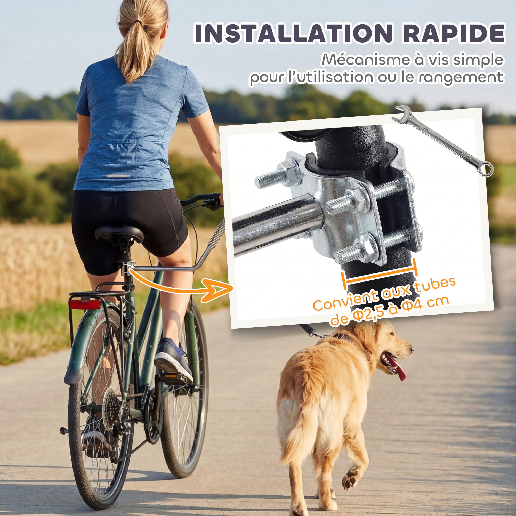 Laisse de vélo pour chien fixation facile rapide ressort amortisseur sangle ajustable