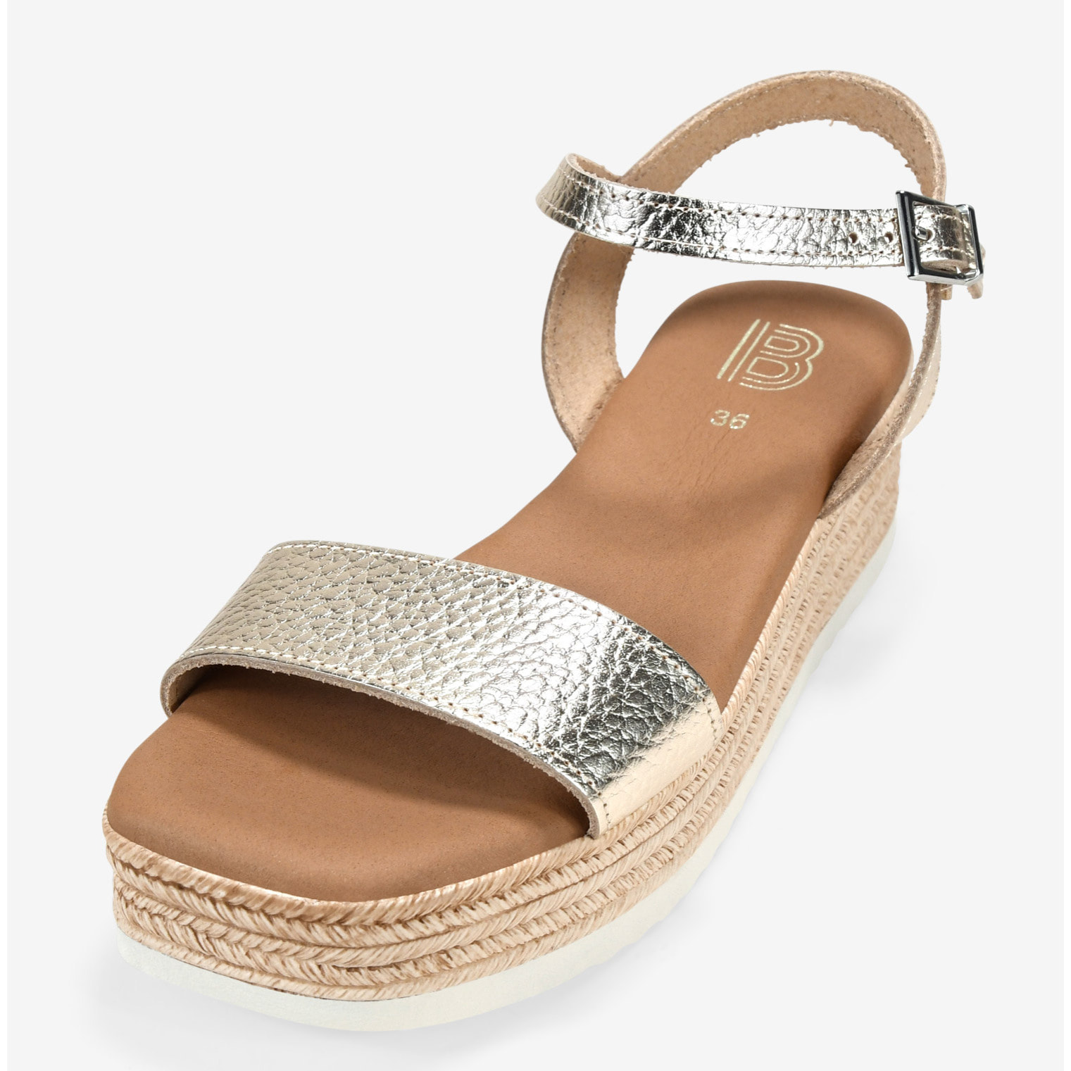 Sandalias doradas en piel con cuña efecto esparto