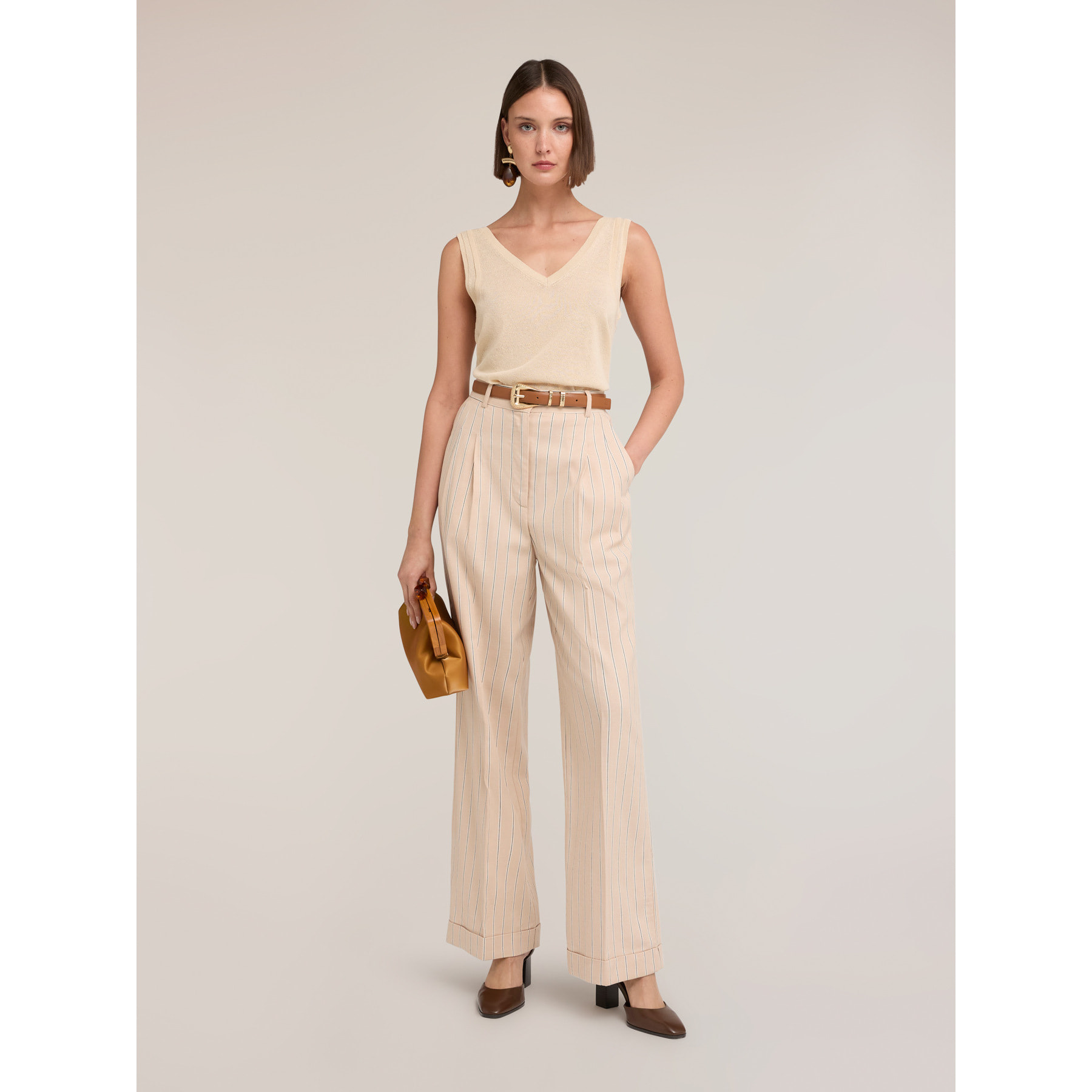 Motivi - Pantalones palazzo de mezcla de lino a rayas - Beige