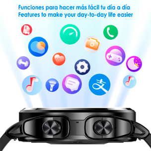 Smartwatch GT66 multideporte, misurazioni della pressione e O2 nel sangue, con auricolari TWS 5.1 integrati.