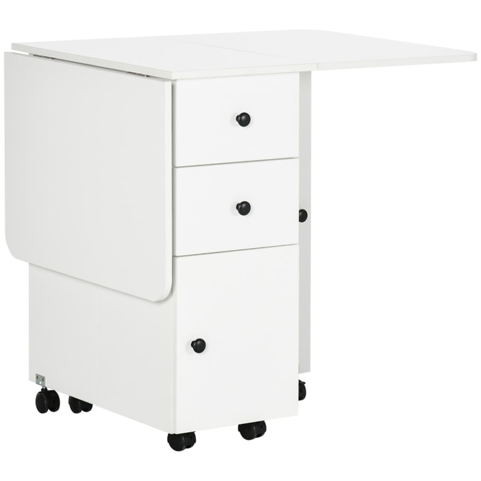 Table pliable de cuisine salle à manger - 2 tiroirs, placard, niche - panneaux aspect bois blanc