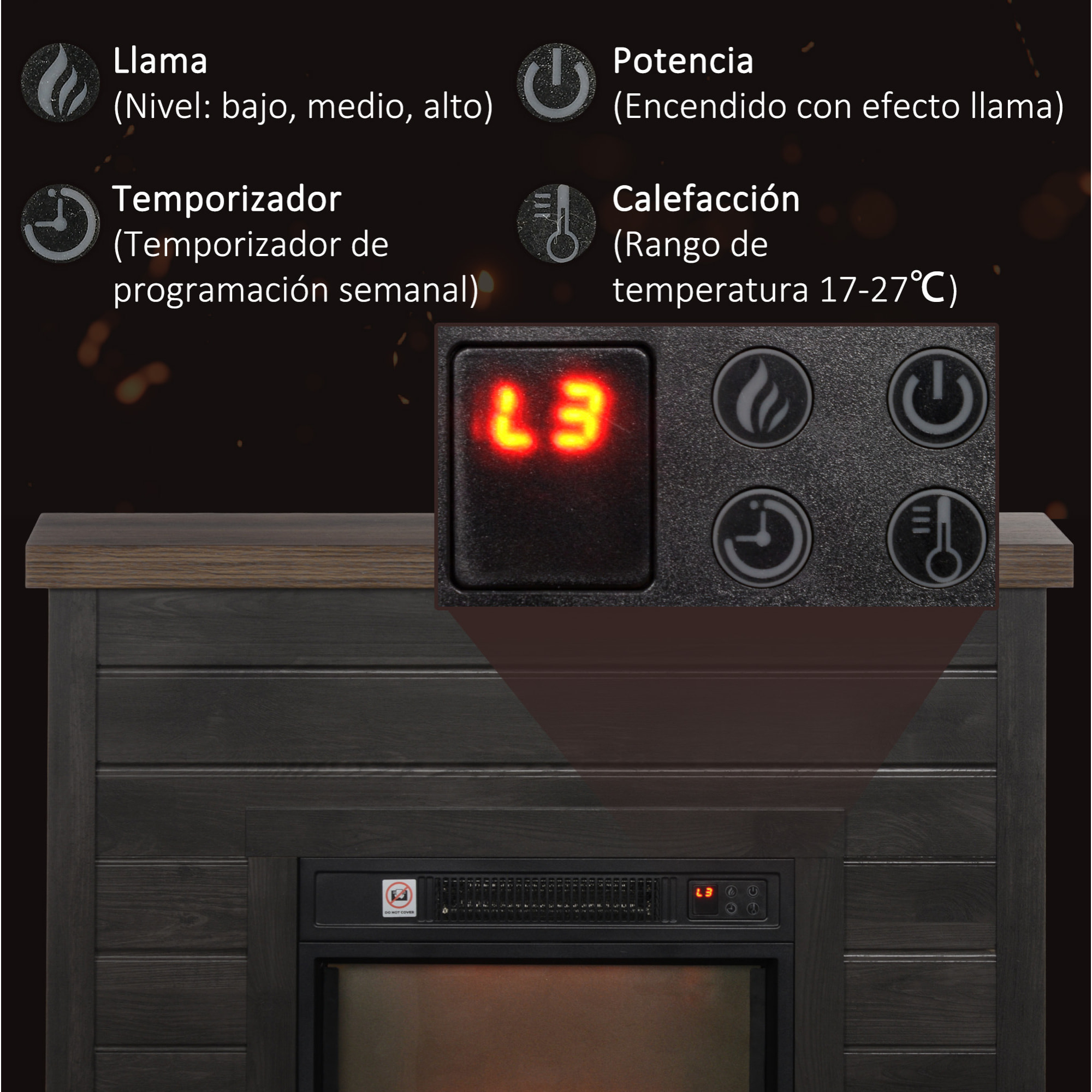 Chimenea Eléctrica 1800W Chimenea Decorativa con Efecto de Llama Mando a Distancia Temporizador Semanal Protección Contra Sobrecalentamiento para Sala 30 m² Gris Oscuro