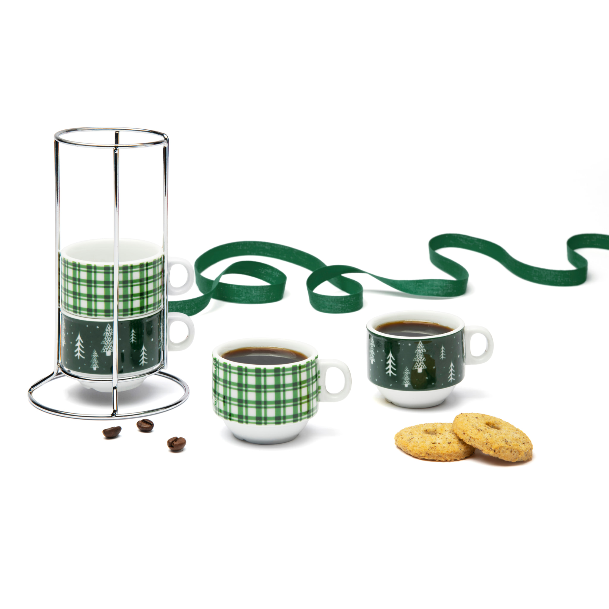 Confezione 4 tazze da caffè con supporto Excelsa – Green Winter, Porcellana Verde