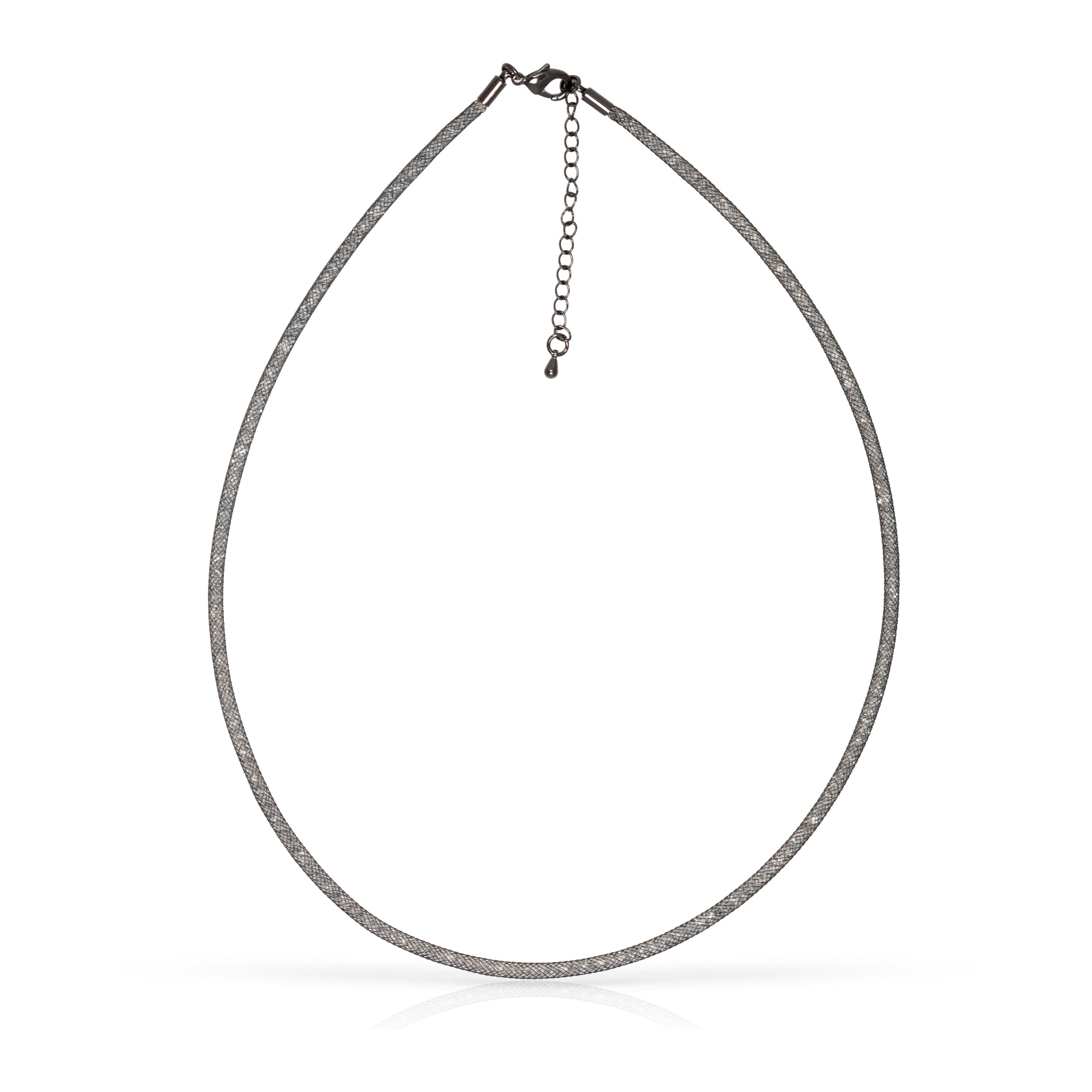 Set de collar y pulsera negros de malla de cobre con relleno de cristal brillante y cierre de mosquetón de cobre con acabado negro.