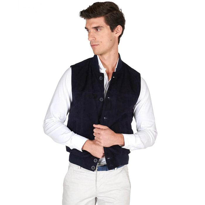 Gilet in pelle camoscio blu con bottoni