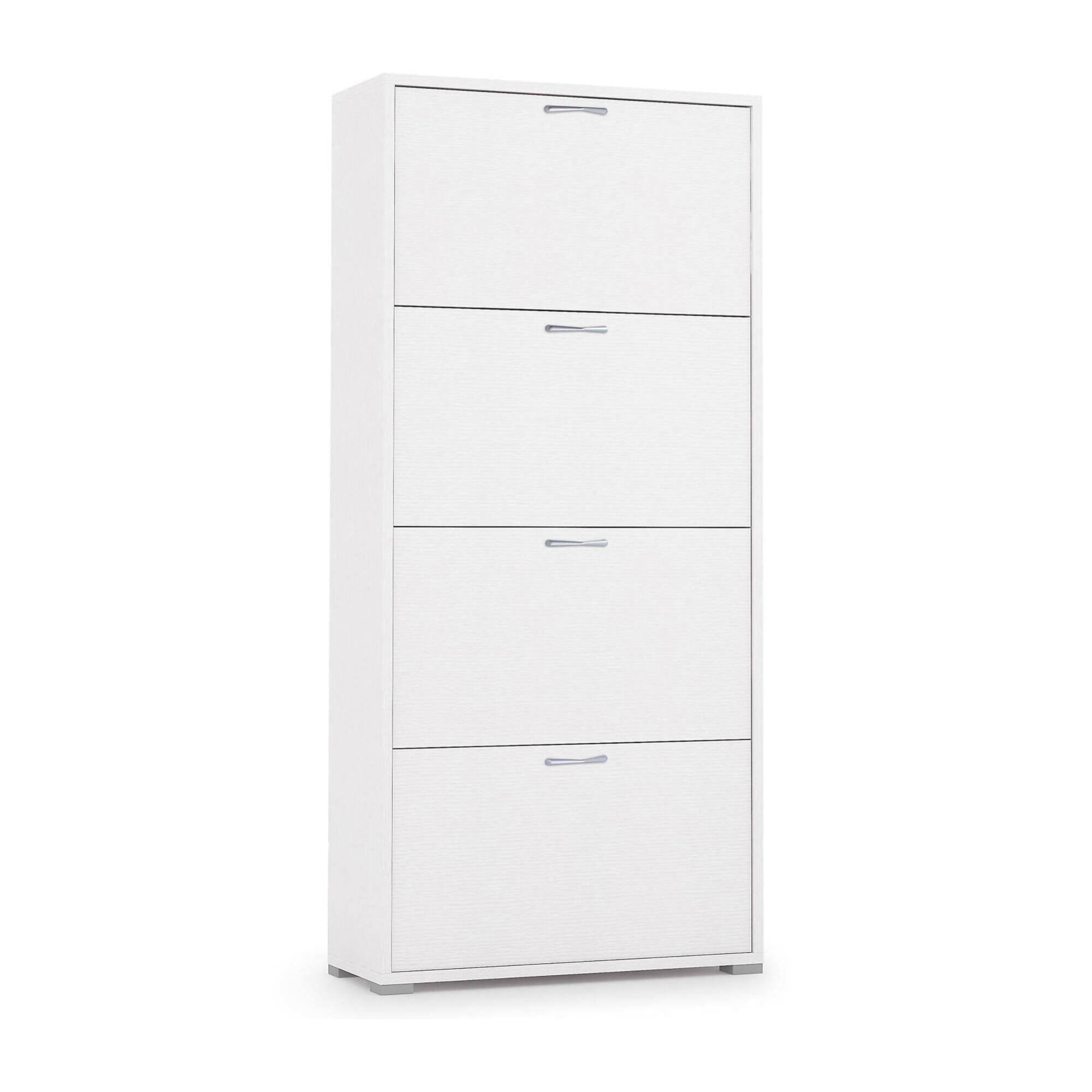 Scarpiera Rosa, Mobile multiuso da ingresso con 4 ante a ribalta, Armadietto portascarpe a doppia profondità, 100% Made in Italy, Cm 67x28h147, Bianco