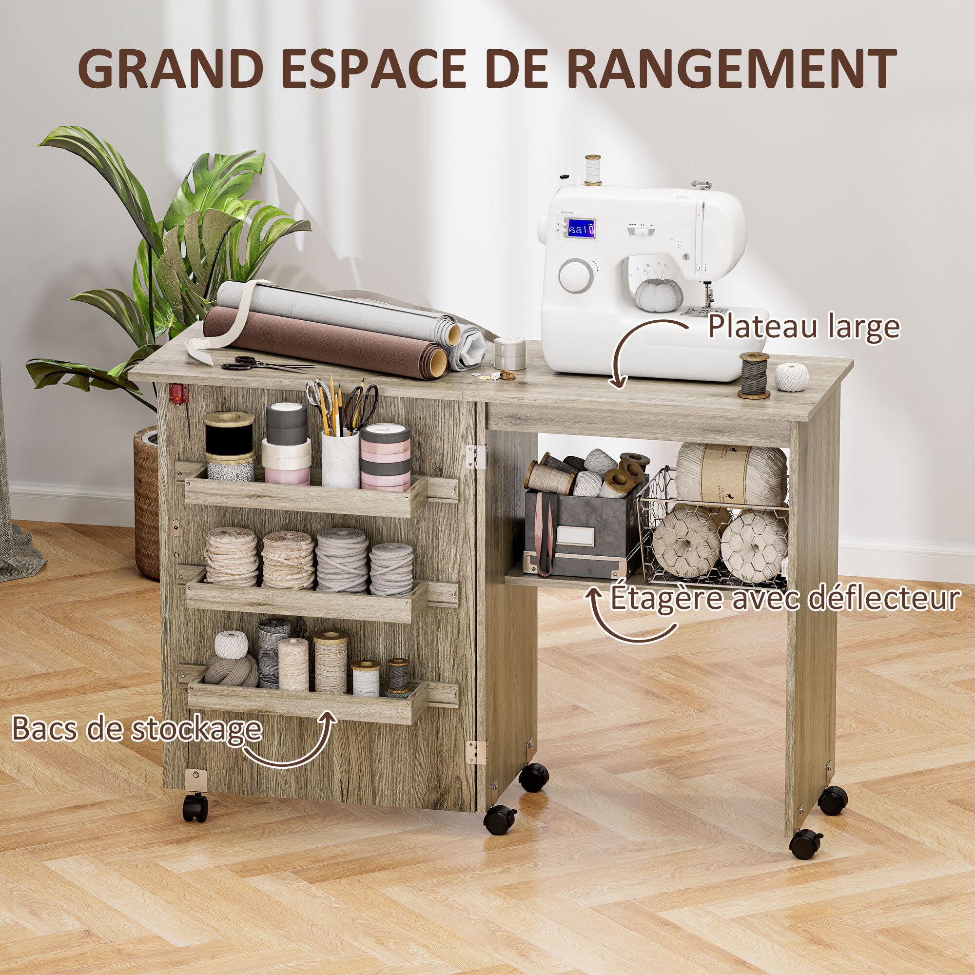 Table de couture pliable sur roulettes - table à rabat - 4 étagères - effet bois gris