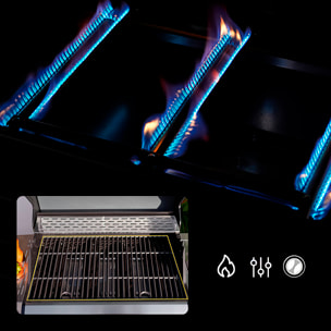 Barbecue a gas per esterni con potenza di 14,5 kW, compatibile con butano e propano, 4 bruciatori principali più 1 laterale.